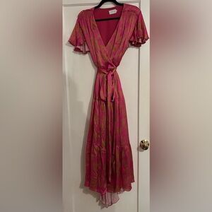 Tanya Taylor Pink and Lime Green Floral Maxi Wrap Dress